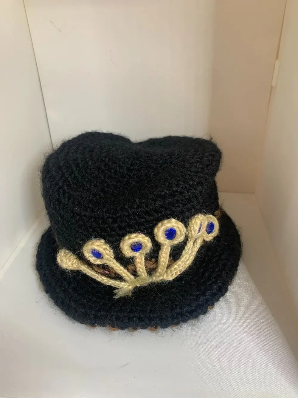 Jotaro Kujo Black Crochet Hat with Gold & Blue Embellishments